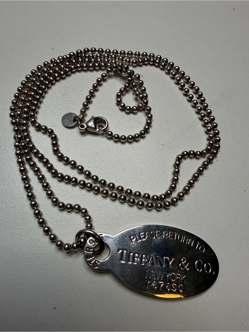 Tiffany & Co. Silver Oval Tag Ball Chain Necklace with Lobster Clasp